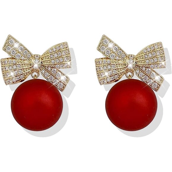 Christmas Earrings Pearl Bow Earrings Pearl Drop Earrings for Women Rhinestone - Picture 1 of 8